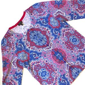 Talbots Paisley Medallion Cardigan Sweater SP Small Petite PS Pink Blue